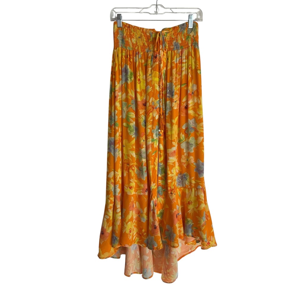 Cynthia Rowley Womens Floral Maxi Skirt Size L Orange High Low Boho Smocked
